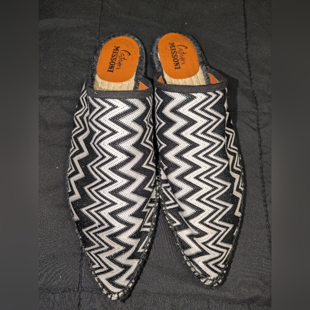 CASTANER x MISSONI Size 10 Black & White Canvas Zig Zag Suede Mule Flats (EU 40) - Picture 5 of 9